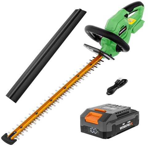 WORKPROX 20V Cordless Hedge Trimmer, 510mm Long Reach Battery Hedge Trimmer with Multi-directional Safety Lock, Lightweight Hedge Cutter with 2000mAh Battery, Ideal for Gardening