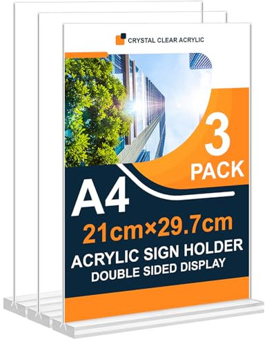 Arrobust Tischaufsteller A4, 3 Stück Preisschilder Aufsteller Tischständer Doppelseitiger Vertikaler Acryl T-Ständer für Fotorahmen, Heim, Büro, Speisekarte, Einzelhandel, Messe (A4-3pack)