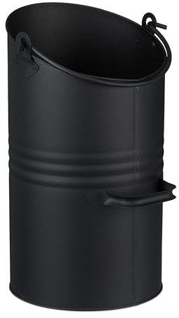 Relaxdays Contenitore Porta Carbone da Camino, Secchio per Pellet Caminetto, Portacenere con Manico da 12 L, Ferro, Nero