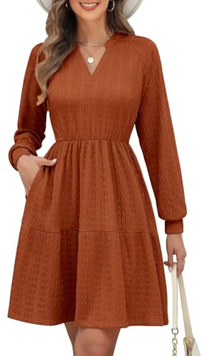 PASUDA Vestito Donna Manica Lunga Abito Maglia Elegante Abiti Midi Vestiti A Line Scollo a V Vita Alta Elastico Vita Autunno Inverno Primavera con Intascato Casual Vacanza Festival