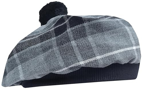 Chapeau Tam O' Shanter - Bonnet plat en laine acrylique Tammy classique avec pompon – Casquette style béret écossais traditionnel en tartan – Idéal pour un port quotidien – Taille unique, Taille