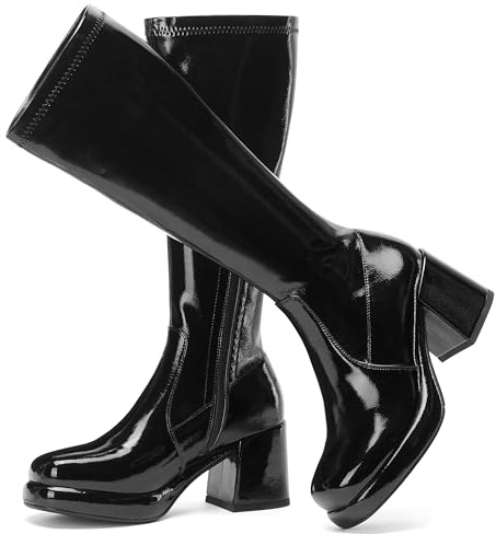 LanreyTaley Women Black Knee High Boots For Women Gogo Boots Platform Elastic Patent Leather Tall Chunky Heel Stretch Round Toe Side Zipper Size 39