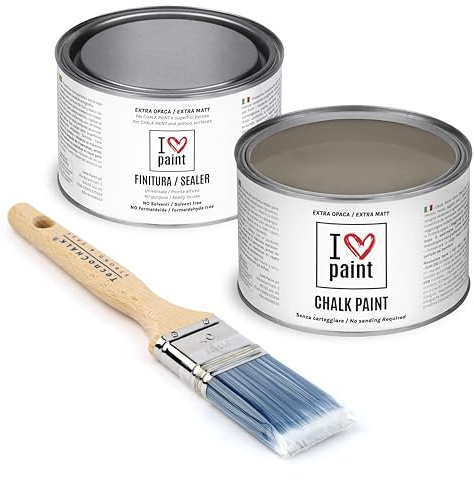 I Love Chalk Paint – Kit Completo Vernice, Finitura e Pennello - Pittura Senza Carteggiare – Colore Tortora (375ml Chalk Paint + 375ml Finitura + Pennello 40mm)