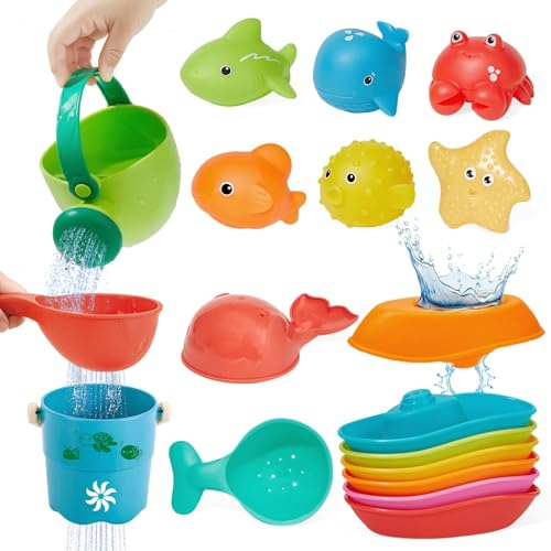 GINNO Lot de 16 jouets de bain à partir de 1, 2, 3, 4 ans, jouets d'eau gratuits avec bateaux flottants, seau, boîte d'irrigation, cuillère et sac de rangement pour bébés et tout-petits