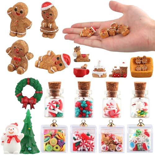 24 Pièces Décorations Miniatures de Noël en Résine - Figurines de Sapin, Bonhomme de Neige et Pain d'Épice pour Maison de Poupée, Crèche et Décoration de Fête