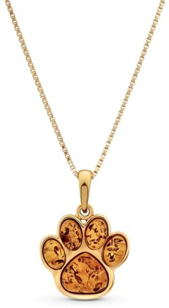 Old English Jewellers 9ct Gold on Sterling Silver 925 Baltic Amber Paw Print Ladies Necklace - Natural Womens Teens Animal Paw Pendant on Italian Box Chain - Pendant only or 16-24 Inch (20 Inch)