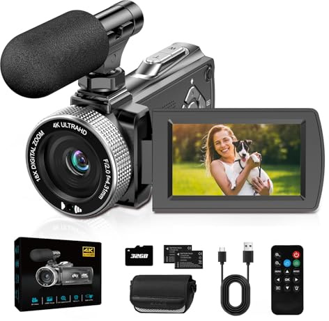 ZIMOCE Video Camera 4K Camcorder 48MP, 18X Digital Zoom Video Recorder, 3” 270° Rotatable Screen Vlogging Camera for YouTube, Camcorders Videocamera with 32GB Card, Mic, Remote Control, 2 Batteries