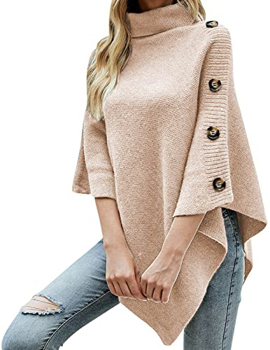 Generisch Poncho pour femme - Pull long en tricot - Manteau pour l'automne et l'hiver - Poncho tricoté à col roulé - Tricoté avec tricot décoratif - Ponchos chauds pour tricot fin asymétrique