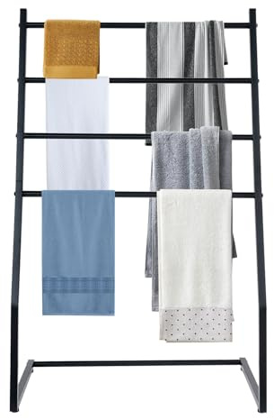 QUIOTUIR Porte-Serviettes Autoportant sur Pied 4 Niveaux en Métal 60x36x95cm Porte Serviette Salle de Bain pour Salon, Chambre à Coucher, Buanderie, Cuisine