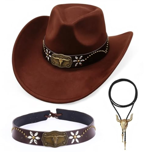 CYGMRFH Cappello Cowboy Western In Stile Retrò Per Adulti Unisex, Con Cinturino In Pelle E Decorazione In Bronzo, Perfetto Per Carnevale E Feste A Tema