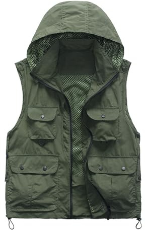 M2C Mens Hooded Mesh Multiple Pockets Traveling Vest XL Army Green
