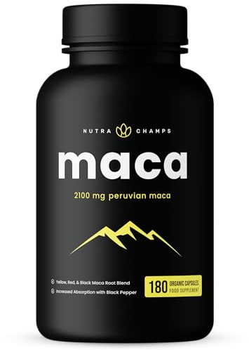 NutraChamps USDA Organic Maca Root Capsules for Women & Men, 2100mg, 180 Capsules, Black, Red & Yellow, Peruvian Maca Peruana, Extra Strength Pure Premium Gelatinized Root Powder Supplement