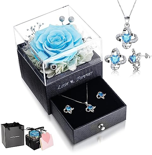Rosa Stabilizzata Eterna con Collana Orecchini, Rose Reale Regalo per Anniversario Compleanno San Valentino Matrimonio Natale Festa Della Mamma, Vera Conservata Regali per Donna Fidanzata Moglie Lei