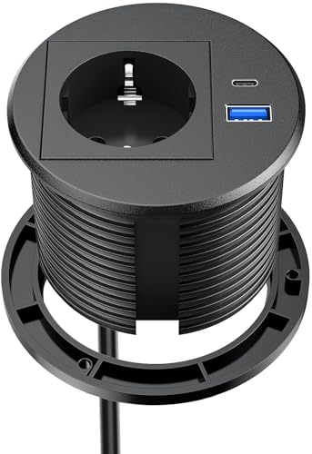Schreibtisch Einbausteckdose mit USB C, Ohuo Versenkbare Steckdose mit USB A und C für Arbeitsplatte Küche, 2m Kabel, Schwarz