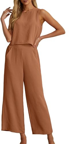 IWOLLENCE Co Ord Sets for Women 2 Piece Outfits Lounge Wear for UK Travel Airport Set Sleeveless Crop Tops Wide Leg Trousers with Pockets Casual Tracksuit Full Set Elegant (Brown, S)