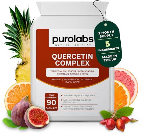 Purolabs Quercetin Supplement 500mg with Quercetin Bromelain & Vitamin C – High Strength Antioxidant & Immune Support Complex with Bioflavonoids, Rosehip & Rutin – 90 Vegan Capsules