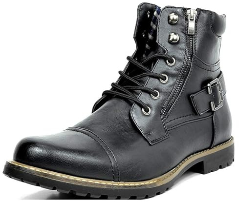 ANUFER Hombre Doble Cremallera con Cordones Frescas Botas de Moto | Altura al Tobillo, Piel Sintética, Punta con Capa Vintage, Botas de Moto, Talla Grande