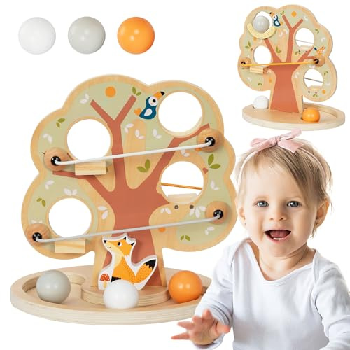 mamabrum Circuito de Madera para Bolas - Árbol Verde con 4 Niveles de Descenso y 3 Bolas Coloridas - Juguete Educativo Motricidad Bebé a partir de 18 meses