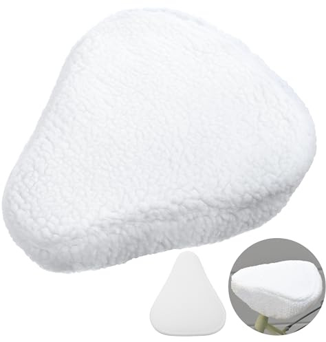 Feekoon Imitation Sheepskin Bicycle Seat Cover & Removable Sponge Padding, White Universal Sheepskin Bike Cushion Cover, Secure Fit Fur Protector for Wide Seat Spin Bike, Cruiser Exerciser(White)
