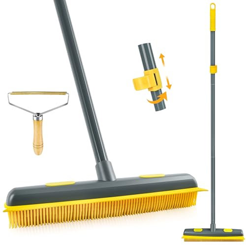 NEWE Rubber Pet Hair Broom with Lint Remover, 146 cm Long Handle Silicone Carpet Brush Removal with Built-in Squeegee for Cleaning Floor (Gray Yellow)
