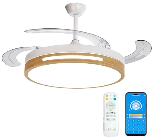 LEDUNI Ventilador de techo con luz con mando 4 aspas, Motor DC 30W+36W Luz LED,temporizador, 6 velocidades, aspas retráctiles, 3 temperaturas de luz, función verano-invierno Silencioso (Madera, 50CM)
