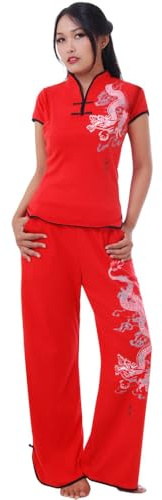 PRINCESS OF ASIA Asien Damen Frauen Drachen Yoga Trainingsanzug, Tai Chi, Hausanzug & Meditations Anzug Baumwolle S M L XL (Rot, S-M)