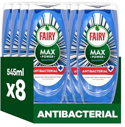Fairy Max Power Washing Up Liquid Antibacterial 8 x 545ML, Easy & Effortless Cleaning, Even On Your Greasiest Pots & Pans