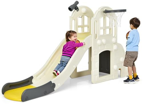 6 in 1 Kids Slide, Large Freestanding Toddler Slide with Basketball Hoop, Telescope, Ring Toss and Pump, Indoor Outdoor Slider Playset for Boys Girls 3-8 Years Old