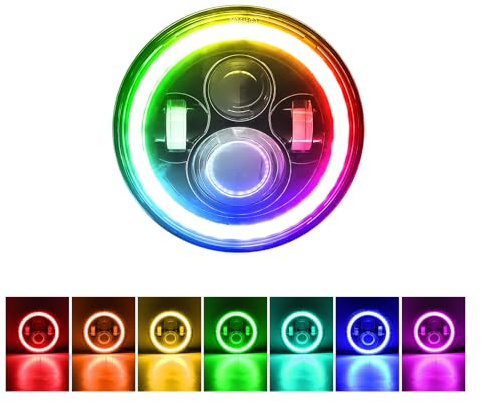 SKYWORLD 1 x 7 tum RGB LED-strålkastare - H13 H4 vit DRL, Halo RGB-blinkare, väg-/korsljusprojektor för Wrangler JK TJ LJ CJ, motorcykel