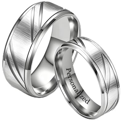 Ihanskio Anillo personalizado para pareja anillos de patrón de rayas de doble Color en el interior puede grabar de Compromiso de boda de promesa (Plata-8mm/6mm, 1 PAIR)