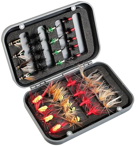 Fly Fishing Flies Assortment Kit, Hand-Tied Dry Wet Fishing Lures, Nymphs, Streamers, Terrestrials for Trout Bass Sunfish, Pike with Magnetic Fly Box