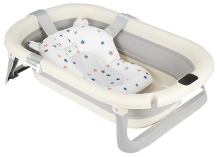 Babywanne Faltbar Mit Schwimmendem Kissen mit niedlichem Motiv - Babybadewanne Xxl Mit Badethermometer - Von Der Geburt Bis 3 Jahre - Baby Bathtub - Geschenk zur Geburt Mädchen oder Jungen (Grau)