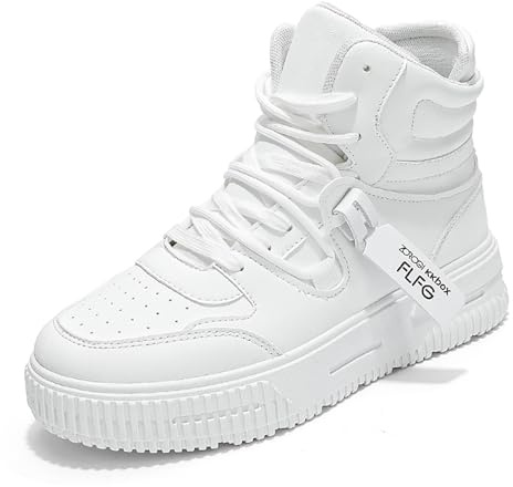 Men’s high top Sneakers, Casual Fashion Skate Shoes, All Black Athletic Trainers, Walking, Basketball, Streetwear, Lightweight (White, Adult, Men, 10, Numeric, UK Footwear Size System, Medium)