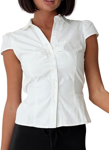 Betrodi Womens Y2k Button Up Shirt Short Sleeve V Neck Cropped Blouse Tie Back Slim Fit Collared Top Cute Preppy Coquette Tops