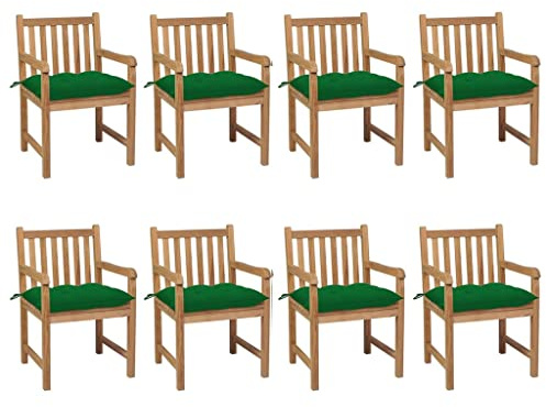 YuuSsea Trädgårdsstolar 8 st. med grön kudde av massivt teak 58 x 60 x 90 cm, väderbeständig, stapelbar med armstöd och stoppning för balkong, terrass, utomhus, camping, pool, bekvämt, vikbar