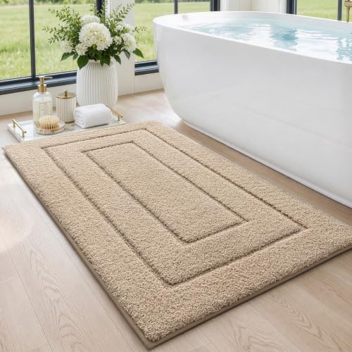 DEXI Bathroom Rug 43x24, Non Slip Washable Bath Mat for Shower Floor, Extra Large Absorbent Soft Bathmat with Rubber Backing, Quick Dry Microfiber Carpet, Beige