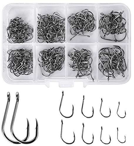 300 Stück Angelhaken, Kohlenstoffstahl Angelhaken Set mit Kunststoff Box Augen Haken Angelhaken mit Widerhaken, 8 Größen Angelhaken mit Öse (3# -10#)