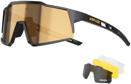 KAPVOE Polarisiert Fahrradbrille mit 4 wechselgläser TR90 Rahmen für Herren Damen Sport Radfahren MTB Sportsonnenbrille Radbrille Sportbrille Fahren Angeln Baseball Laufen Braun Schwarz 04