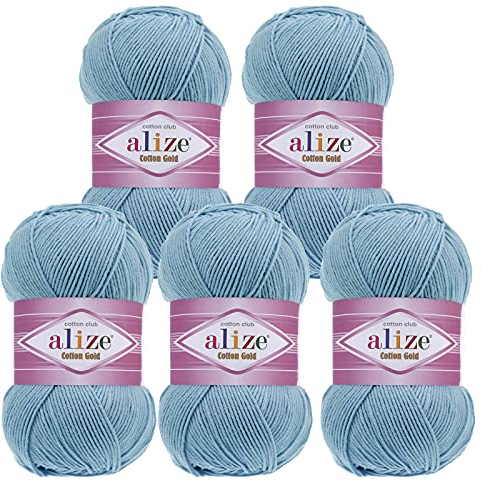 5 x 100g Strickgarn Alize Cotton Gold Uni Klassikgarn Häkelgarn Strick-Wolle Farbwahl, Farbe:40 eisblau