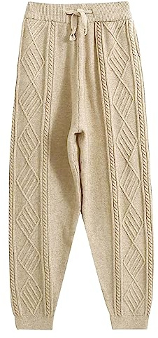 Gihuo Women's Cable Knit Sweater Pants Long Harem Joggers Drawstring Elastic Waist Stretchy Knit Pants (Beige-M)