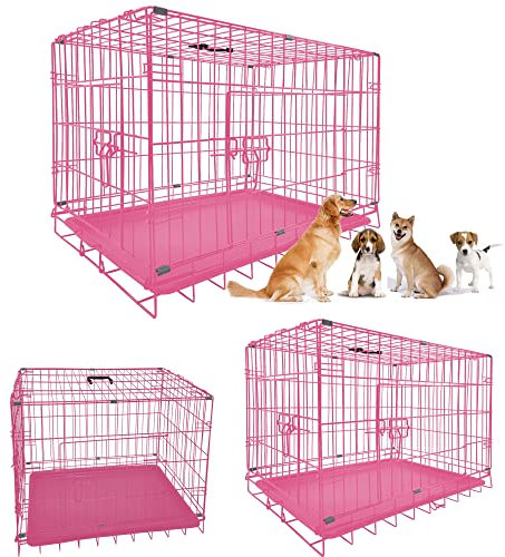 Small/Medium Pink Dog Cages Puppy Dog Crate Medium 30 inch Folding 2 Door 2 Lock Crate Heavy Duty Animal Transport Pet Carrier With Removable Plastic Tray & Carrying Handle