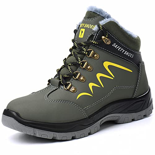 ZSDZSZ Winter Sicherheitsschuhe Herren Damen Wasserdicht Arbeitsschuhe Stahlkappe Schutzschuhe Warm Gefütterte Sicherheitsstiefel rutschfeste Arbeitsstiefel,Grün,43 EU