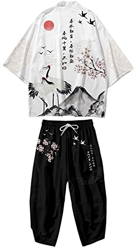 WYUKN Traditional Kimono Set,Japanese Style Kimono Men Pajamas Suit，Long Sleeve Trousers Set Couple Home Service,B1-XL