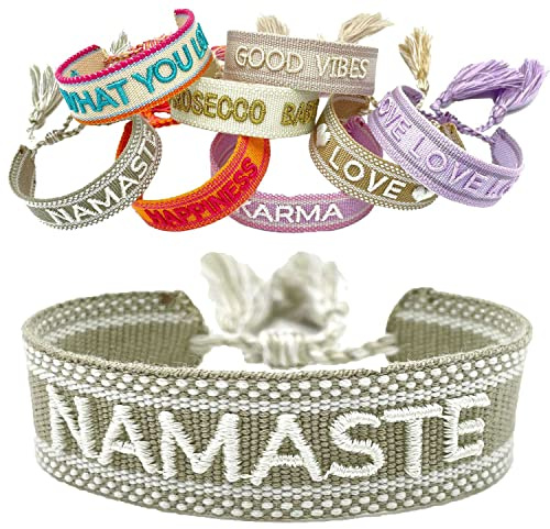LS-LebenStil Exklusives Statement Armband - das Original - Namaste Grün Grau 16-20cm Quasten besticktes Boho Canvas Webarmband Damen Freundschaftsarmband Geschenk gewebt textil Stoffarmband