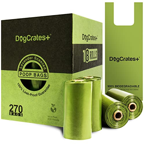 DogCrates+ Dog Poo Bags - 270 Leak Proof and Extra Thick Biodegradable Eco Poop Bags with Tie Handles, 15 Bags on a Roll, 18 Dispenser Refills, Strong Waste Bags