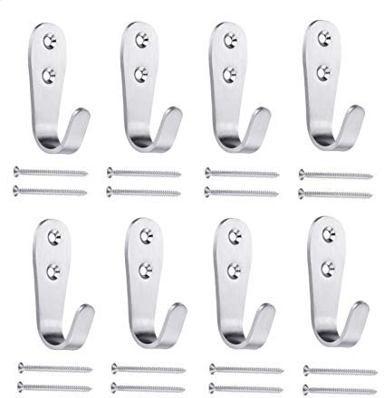 Mokife Ganci Appendiabiti da Parete, 8 Pezzi Argento Attaccapanni da Muro Acciaio Inox Singolo Gancio Appendi Cappotto Metallo J Gancio per Cucina Camera da Letto Bagno Ufficio Toilette