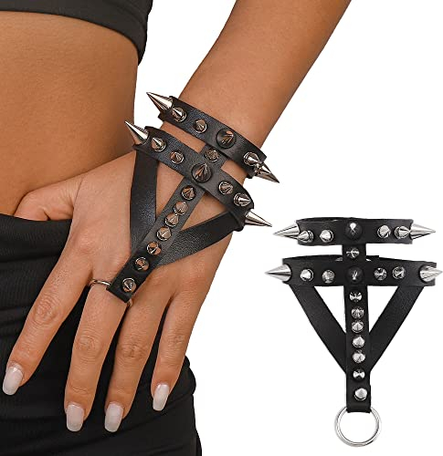 XCSJ Punk Gothic Stil Ring Armband Einstellbar Persönlichkeit Schmuck mit Kette und Nieten aus PU Leder Gothic Rock Punk Cosplay Armband für Halloween Bühne Requisiten Kostüm Zubehör (schwarz, 1pcs)