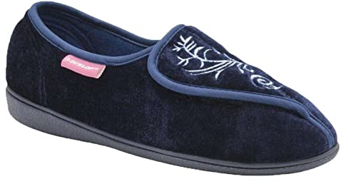 Dunlop Womens Slippers Ladies Orthopaedic Wide Fit Warm Lined Shoes Winter Slipper Adjustable Touch Fastening Comfy Warm Lined Classic Soft Closed Toe Fluffy Casual Comfortable Shu (Elana Navy, 6)