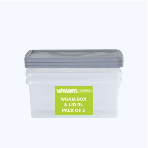 Wham Box 3 x 9L Stackable Plastic Storage Boxes with Lids | Ideal for Home, Office, Toys & More | Secure, Ribbed Clip-On Lid for Added Strength | Made in UK - Clear/Steel