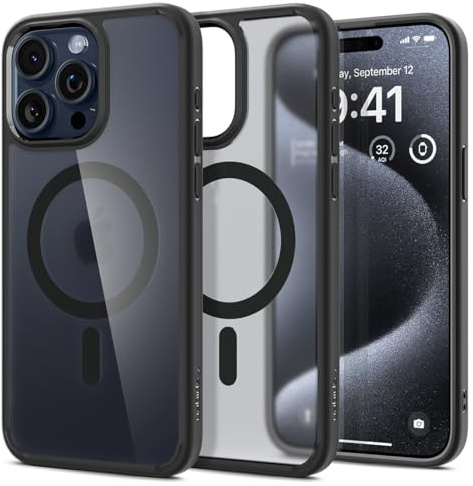 Spigen für iPhone 15 Pro Ultra Hybrid Frost MagFit Hülle [Anti-Yellowing] Case Handyhülle Transparent Dünn Slim Kompatibel mit MagSafe -Schwarz